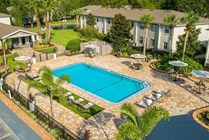 Lounge in luxury on our expansive sundeck, surrounded by lush palm trees and elegant poolside seating. 